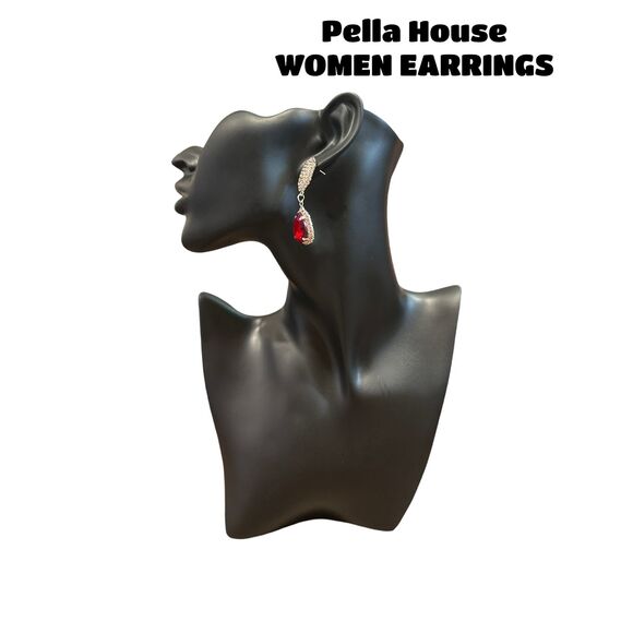 Silver Tone Gatsby Flapper Peacock Zircon Rhinestone Pear Earrings Red - Picture 4 of 4